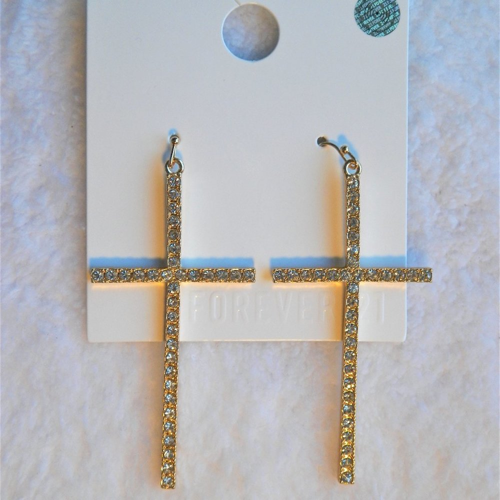 2 3/4" Gold Rhinestone Religious Cross Earrings Forever 21 NWT - Picture 3 of 5